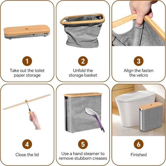 Toilet Paper Storage w/Bamboo Lid, 33.8L Foldable Toilet Paper Basket Organizer - Picture 7 of 7